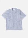 Close-up of the Navy Classic Stripe Short Pyjama Set top. The blue and white striped shirt is on a white background.