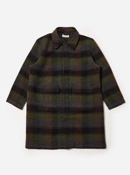 The Black/Brown Berlin Wool Check Account Coat is displayed on a white background. The coat features a black and brown check pattern and is made of wool.