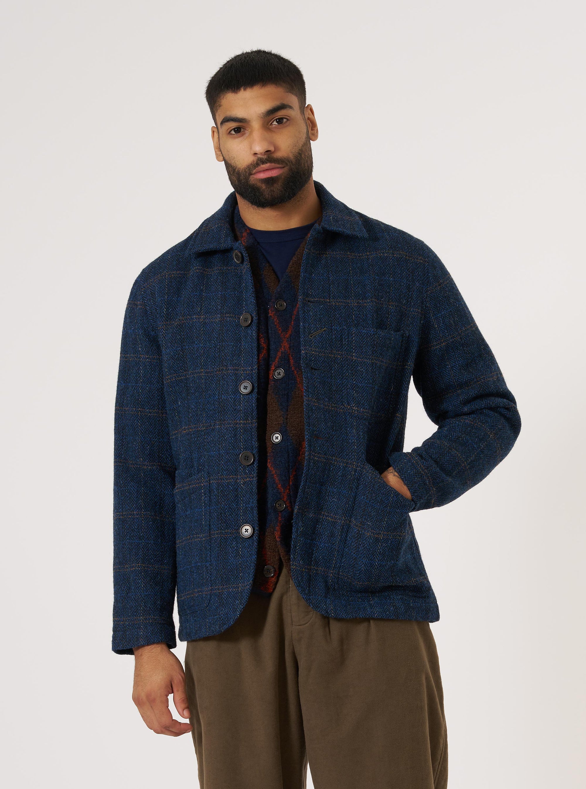 Navy Harris Tweed Plaid Bakers Jacket