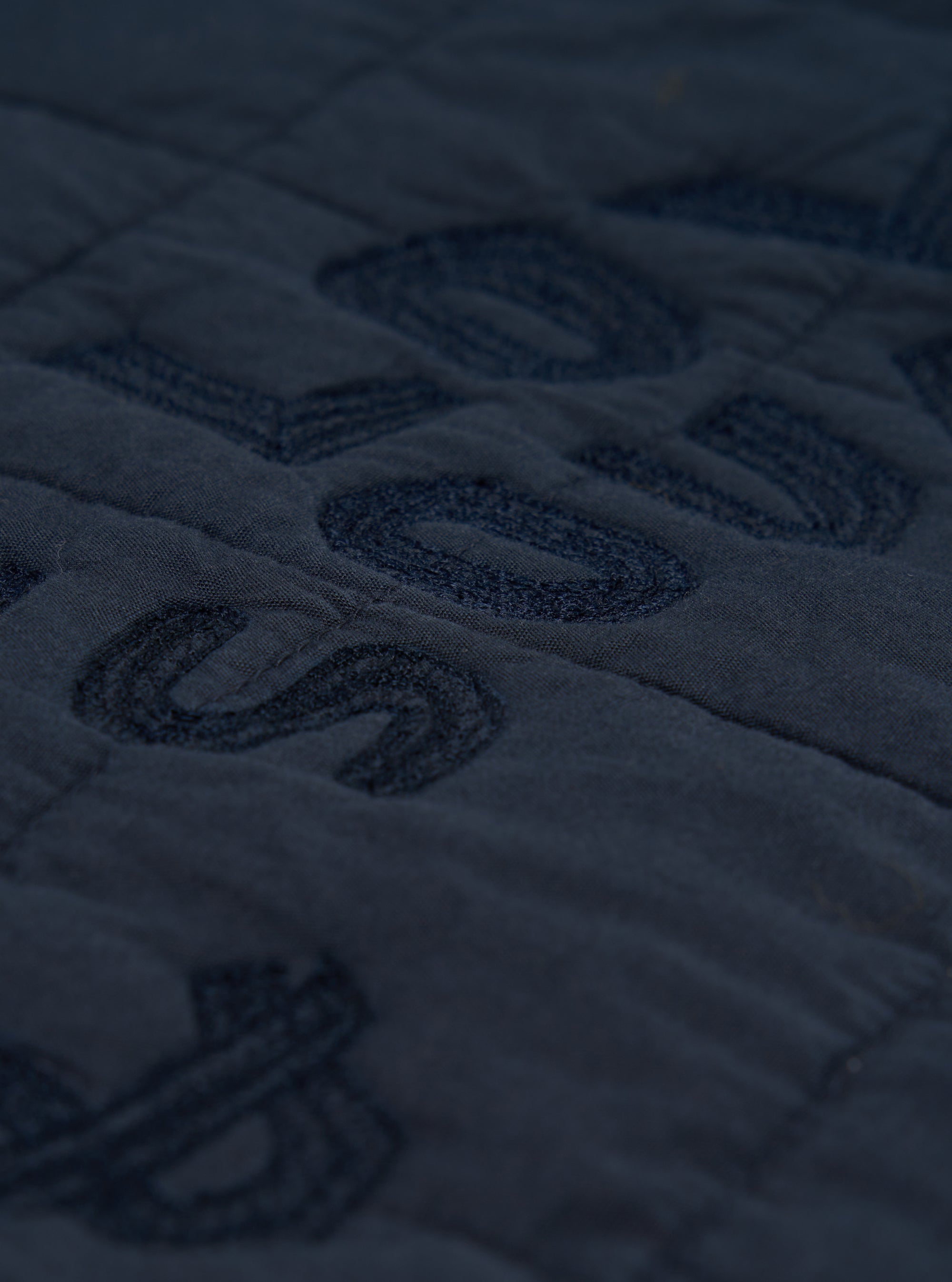 Close-up of the navy quilted cotton Military Liner Jacket, showing the texture and stitching detail on a flat surface. The jacket is a deep navy color.