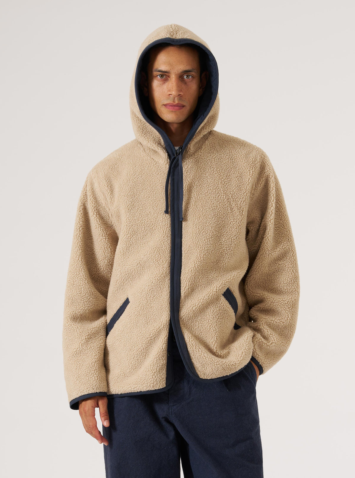Navy/Sand Recycled Polytech/Sherpa Reversible Simple Hooded Jacket