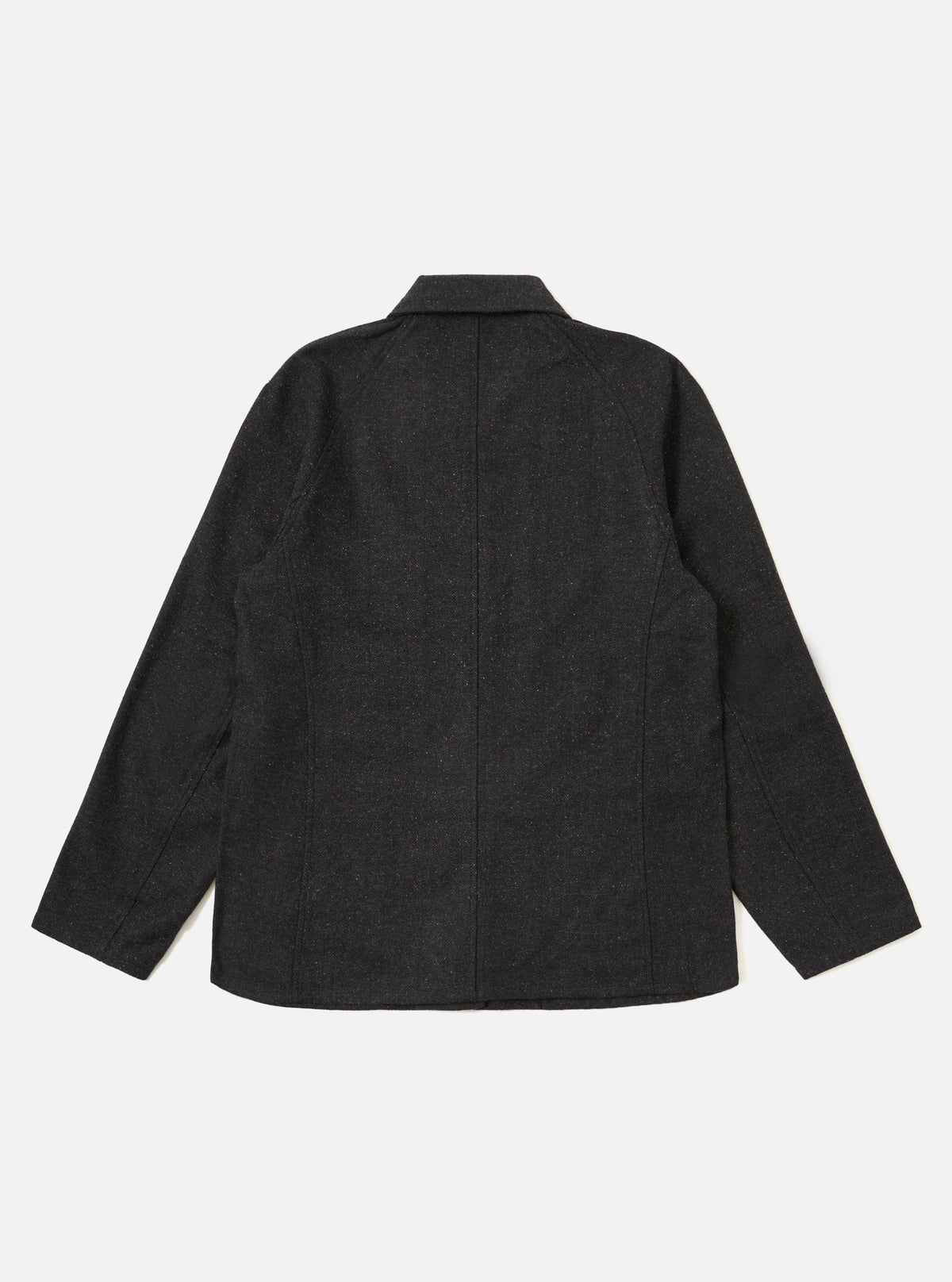 Back view of the Black Salt N Pepper Tweed Station Jacket on a white background. The jacket is a dark tweed with subtle flecks of color.