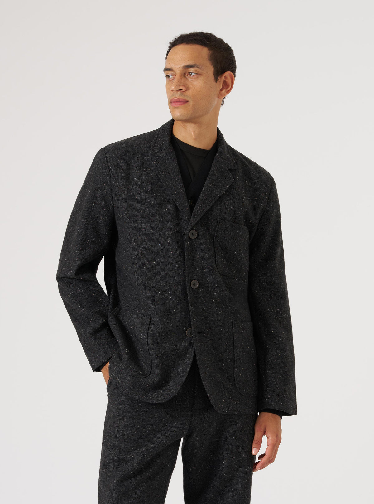 Black Salt N Pepper Tweed Three Button Jacket