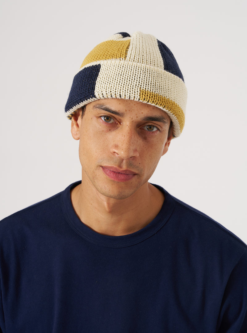 Ecru/Navy/Yellow British Wool Short Watch Cap