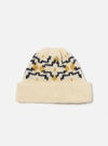 Close-up of the Ecru/Navy British Wool Short Watch Cap on a white background. The wool cap features a geometric pattern in ecru, navy, and gold.