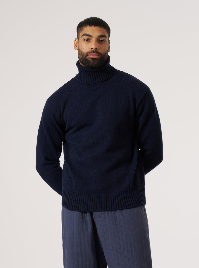 Navy Recycled Shetland Roll Neck