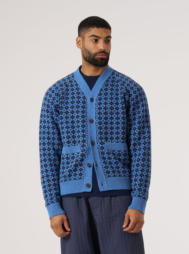 Pale Blue/Navy Plain Knit Argyll Allan Cardigan