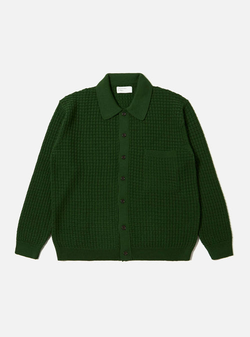 The Green Textured Merino Knit Charlie Cardigan, a collared button-down sweater, is laid flat on a white background. The knit is a textured grid pattern.