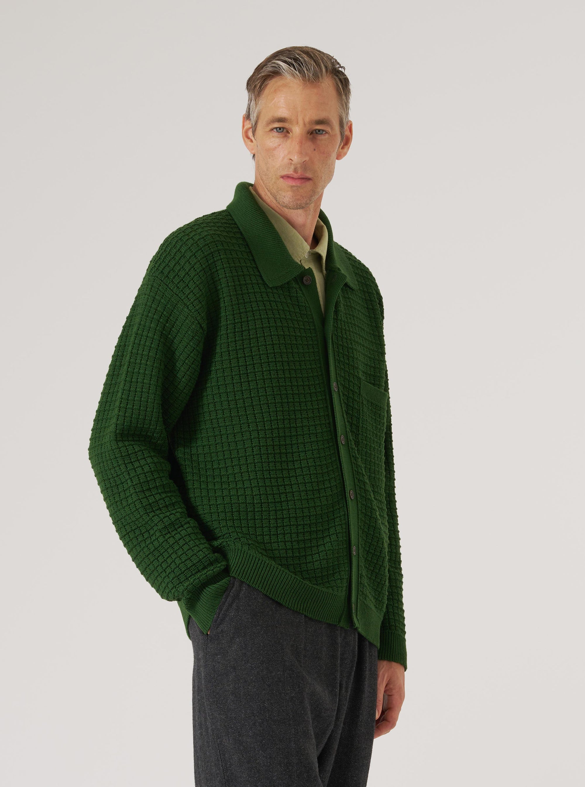 Green Textured Merino Knit Charlie Cardigan