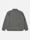 Close-up of the back of a grey textured merino knit Charlie Cardigan on a white background. The cardigan has a textured knit pattern.