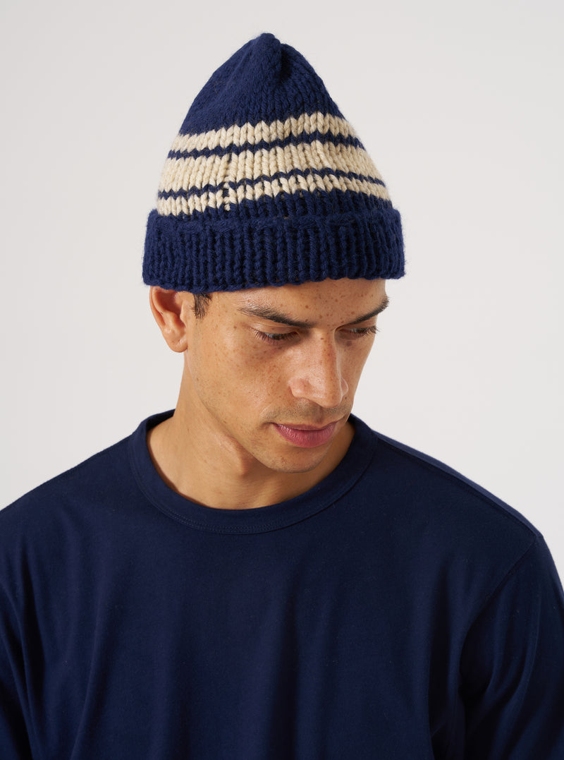 Navy Chunky Knit Stripe Lenny Hat