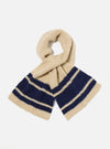 Close-up of the Sand Chunky Knit Stripe Lenny Scarf on a white background. The scarf is beige with navy blue stripes at the ends. Chunky knit texture visible.