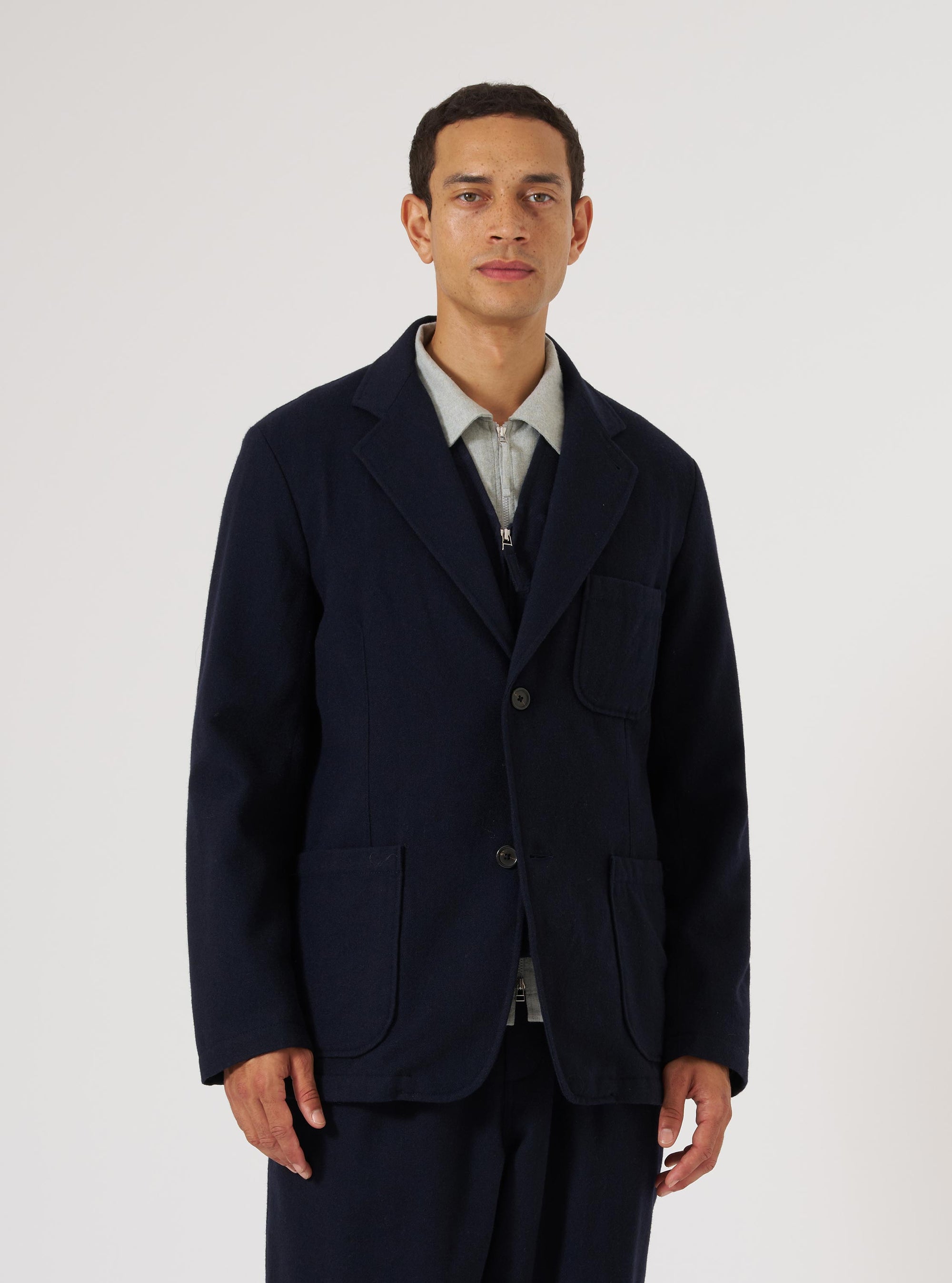 Dark Navy Soft Recycled Wool Two Button Jacket