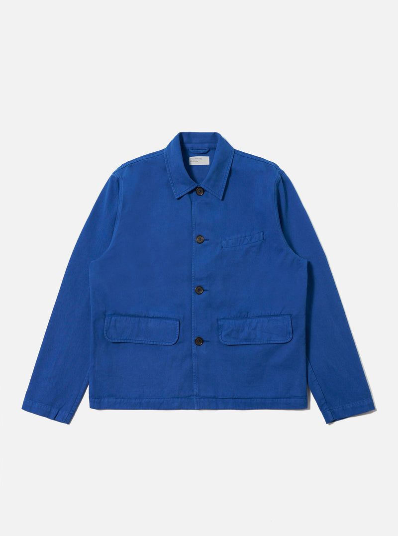 The Navy Derek Twill Warmus Jacket in bright blue twill. Button-up, with patch pockets. Shot on a clean white background.