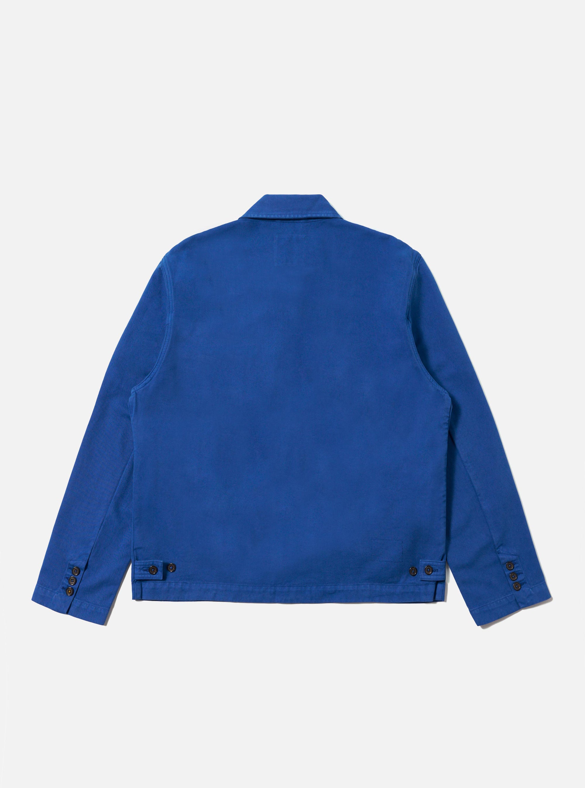 Back view of the Navy Derek Twill Warmus Jacket on a white background. The jacket is a vibrant blue and appears to be made of a sturdy twill material.