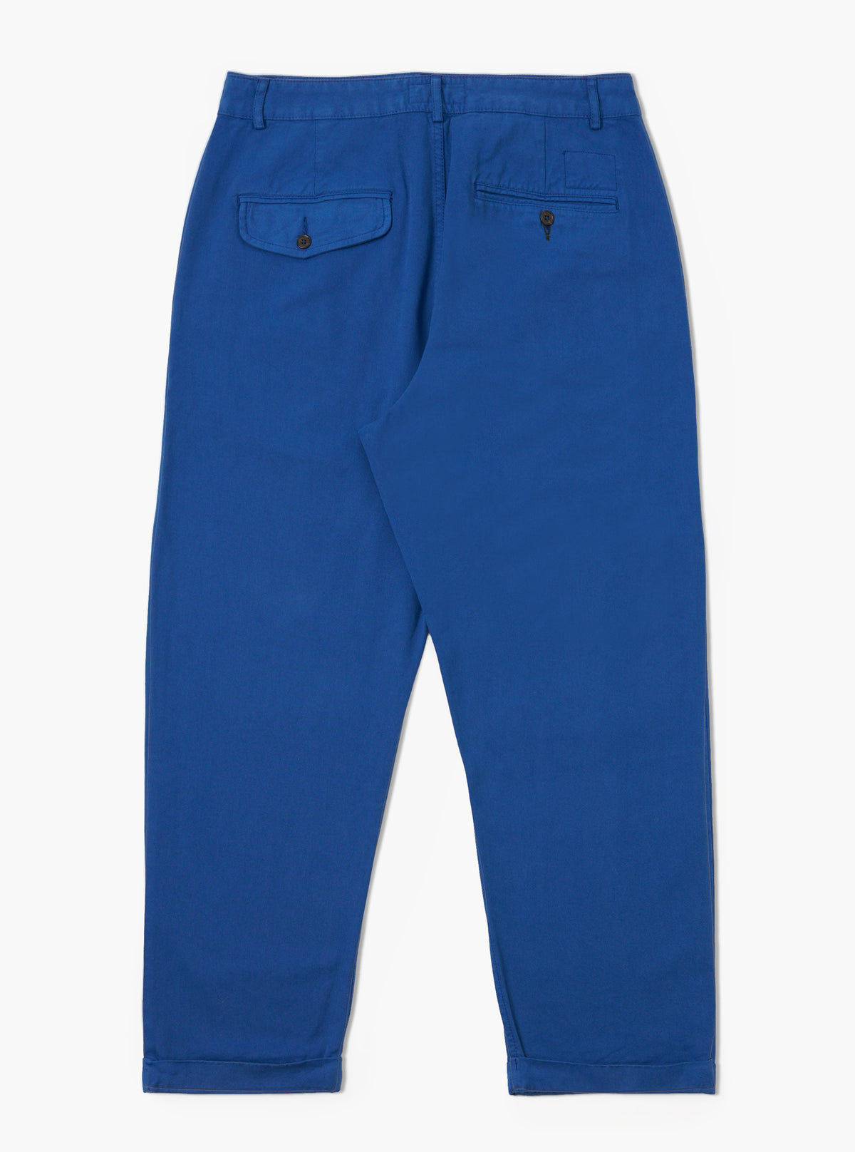 Back view of Navy Derek Twill Super Chino pants on a white background. The twill fabric has a visible texture. The pants have a relaxed fit and cuffed hems.