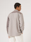 A man poses in the Brown Madison Check/Stripe Station Shirt against a white backdrop. The shirt features brown stripes and check patterns.