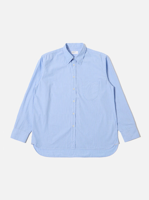 The Blue Vila Stripe Narrow Lazy Day Shirt is laid flat on a white background. The shirt is light blue with thin white stripes, long sleeved, and has a pocket.