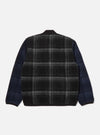 Back view of the Grey Moh Check Fleece Button Front Bomber on a white background. The bomber has a grey and black check pattern on the body and navy sleeves.