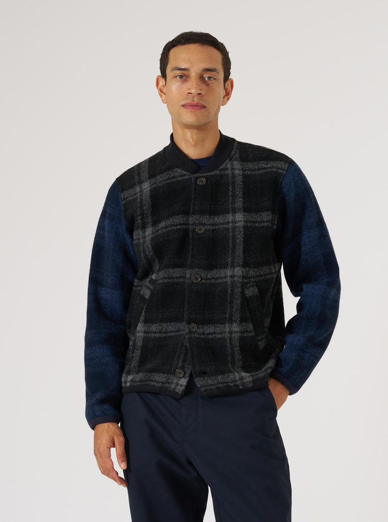 Grey Moh Check Fleece Button Front Bomber