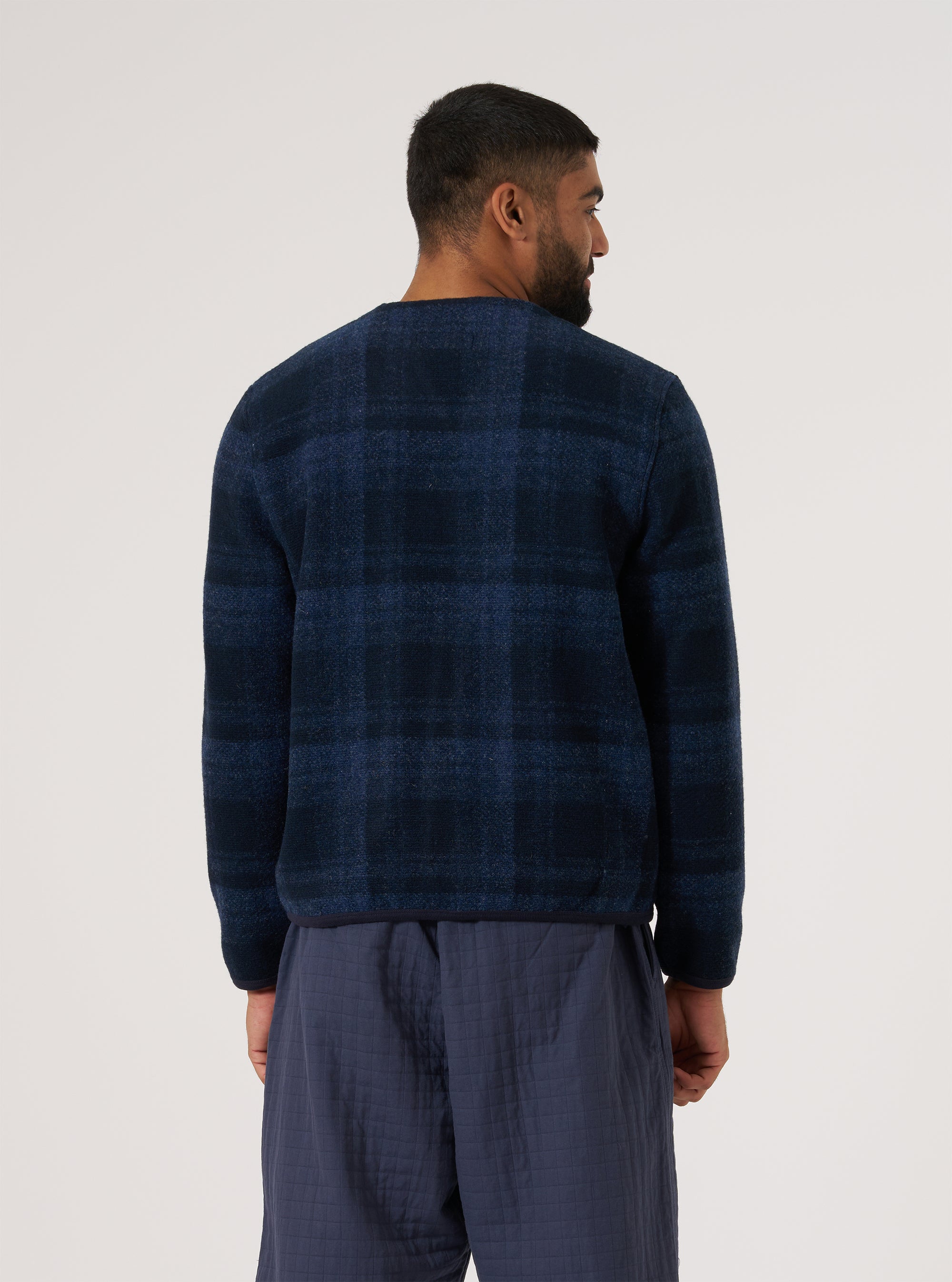 Navy Moh Check Fleece Cardigan
