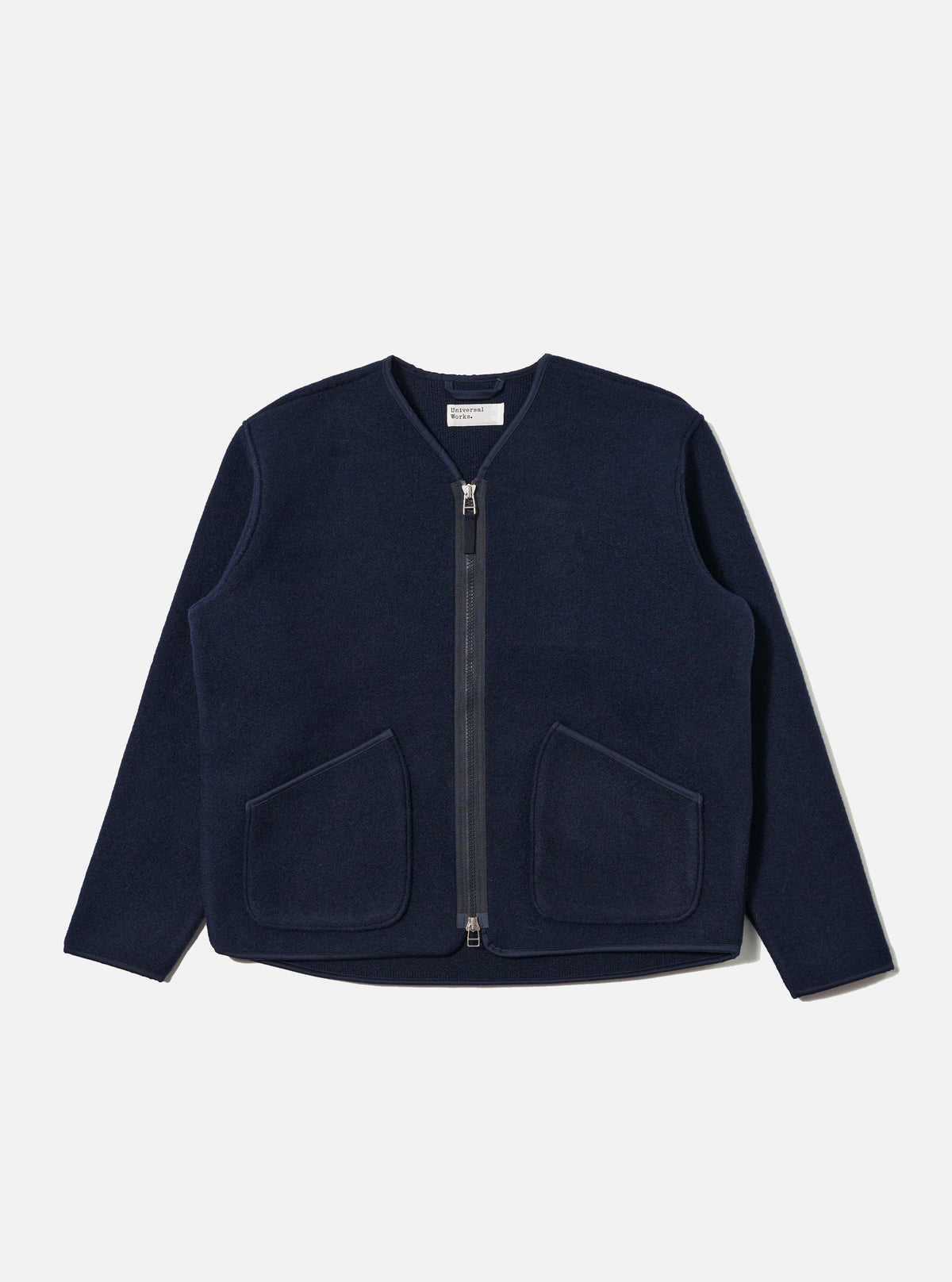 The Navy Techno Melton Plain Zip Liner Jacket in navy blue, displayed on a white background. The jacket is zipped up and features two front pockets.