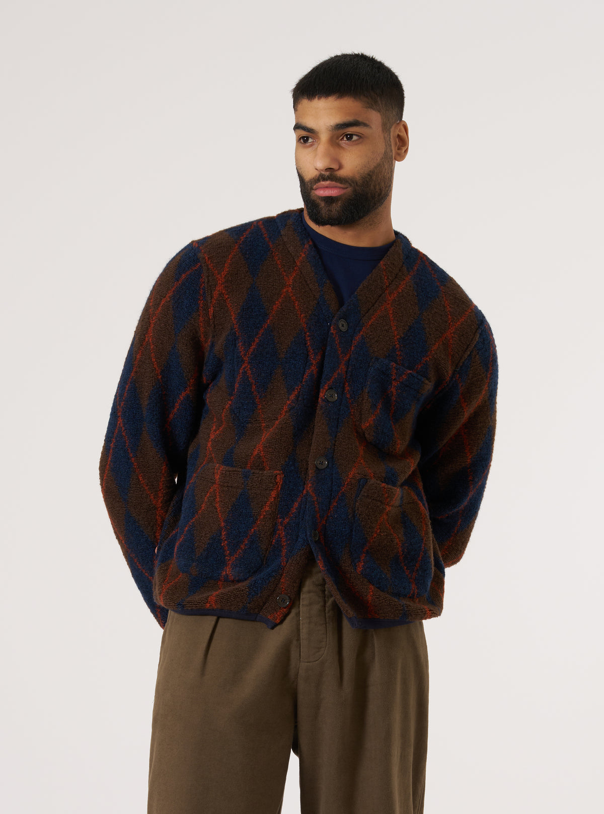 Brown/Navy Argyll Fleece Cardigan