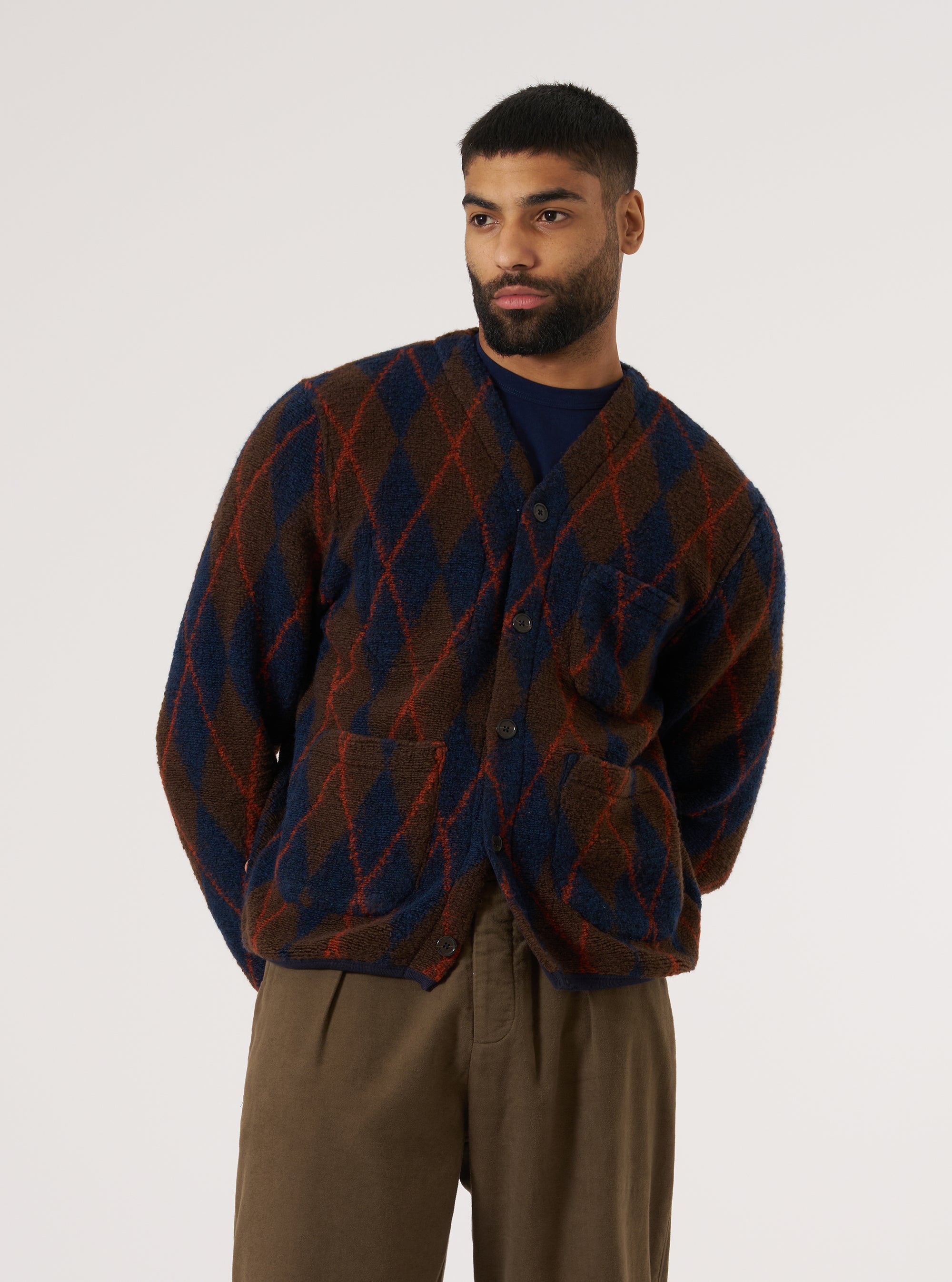 Brown/Navy Argyll Fleece Cardigan