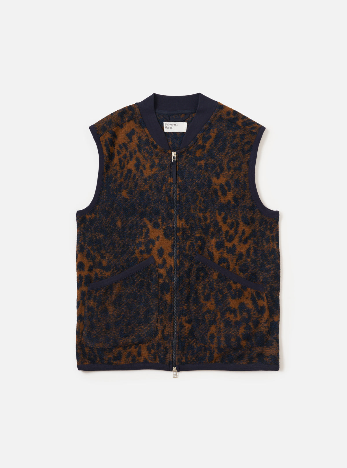 The Dark Navy/Brown Night Leopard Zip Waistcoat on a white background. The waistcoat has a brown and navy leopard print and dark navy trim.