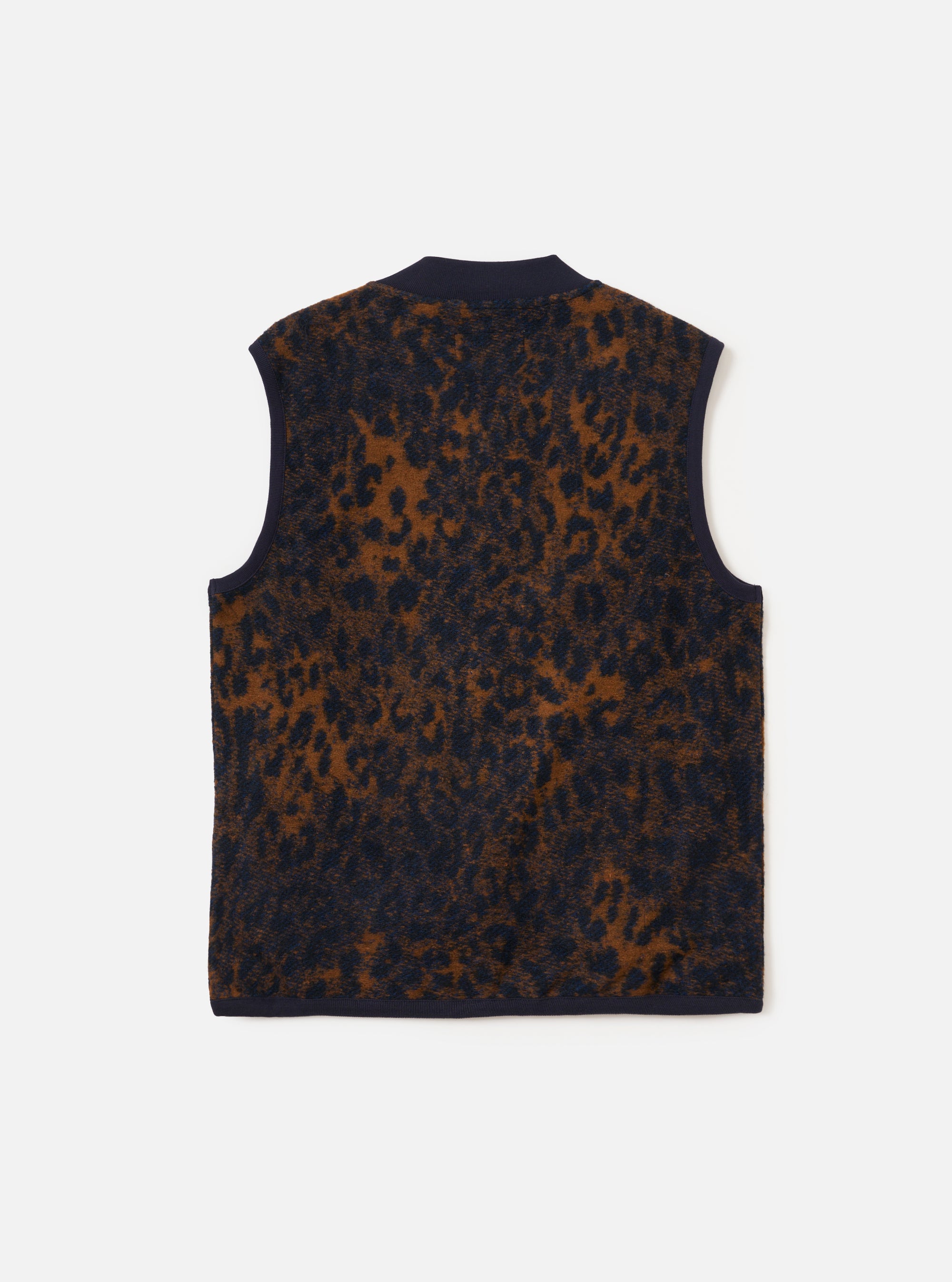 Back view of the Dark Navy/Brown Night Leopard Zip Waistcoat on a white background. The waistcoat features a dark navy and brown leopard print.