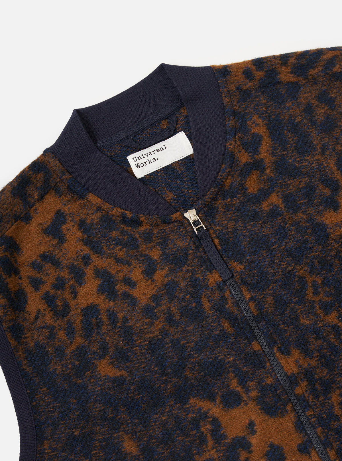 Close-up of the Dark Navy/Brown Night Leopard Zip Waistcoat on a white background. The waistcoat features a unique leopard print and a zip closure.