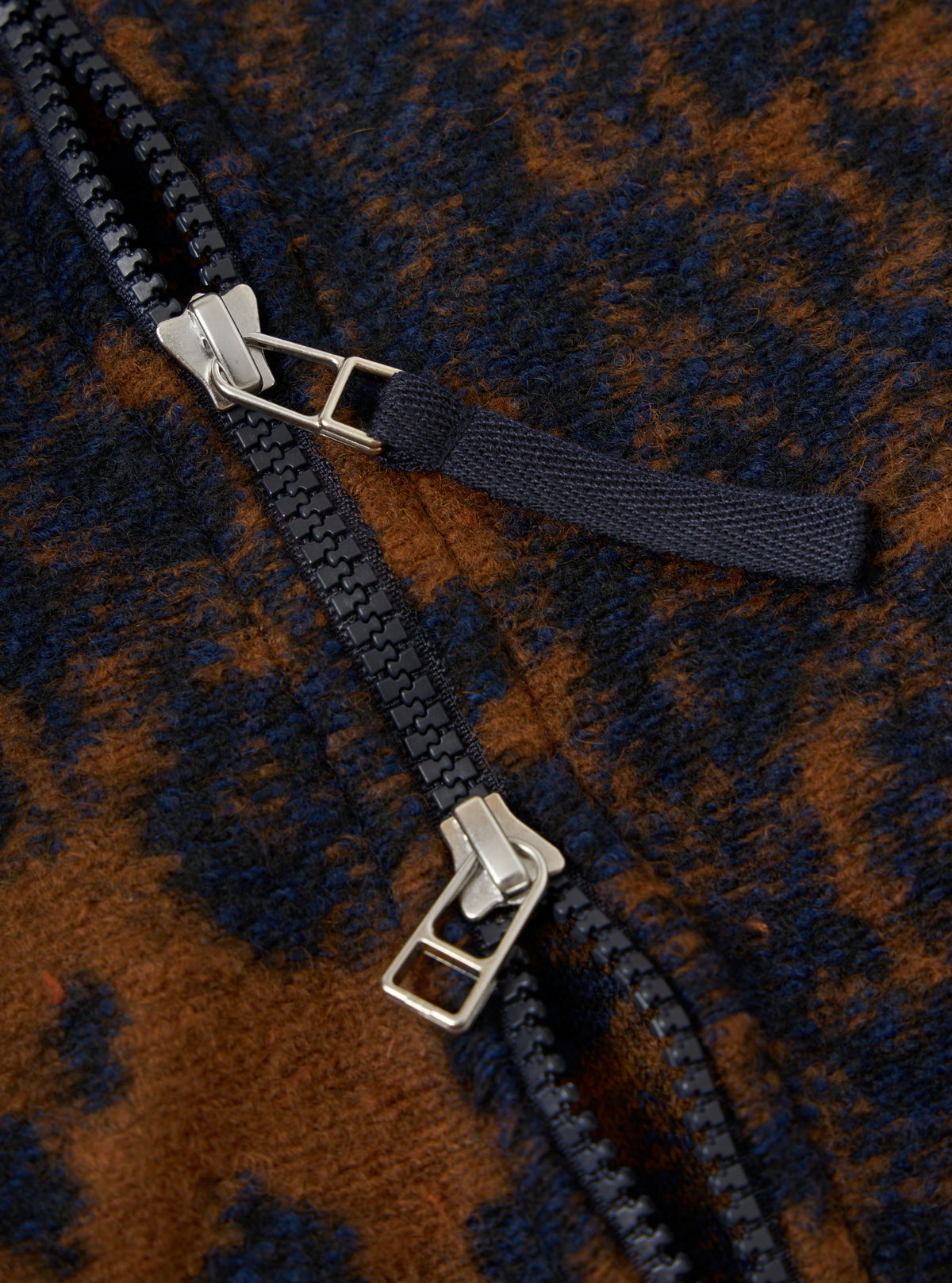 Close-up of the Dark Navy/Brown Night Leopard Zip Waistcoat, showing the zipper detail. The waistcoat features a unique leopard print in dark navy and brown hues.