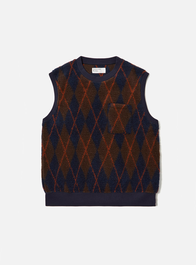 Brown/Navy Argyll Fleece Sleeveless Crew