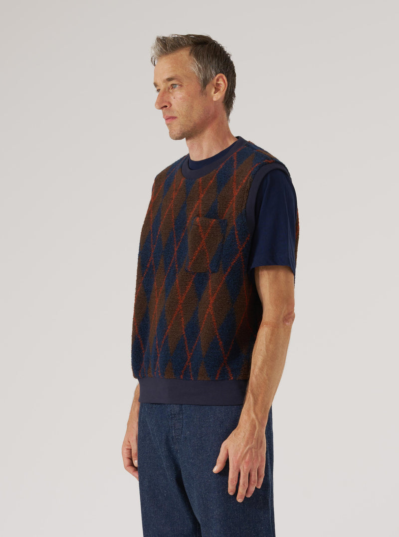 Brown/Navy Argyll Fleece Sleeveless Crew