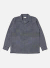 Flat lay of the Navy Oscar Cotton L/S Camp Shirt on a white background. The shirt has a navy, brown, and white geometric pattern and long sleeves.