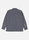 Back view of the Navy Oscar Cotton L/S Camp Shirt on a white background. The shirt has a navy, brown, and white geometric pattern and long sleeves.