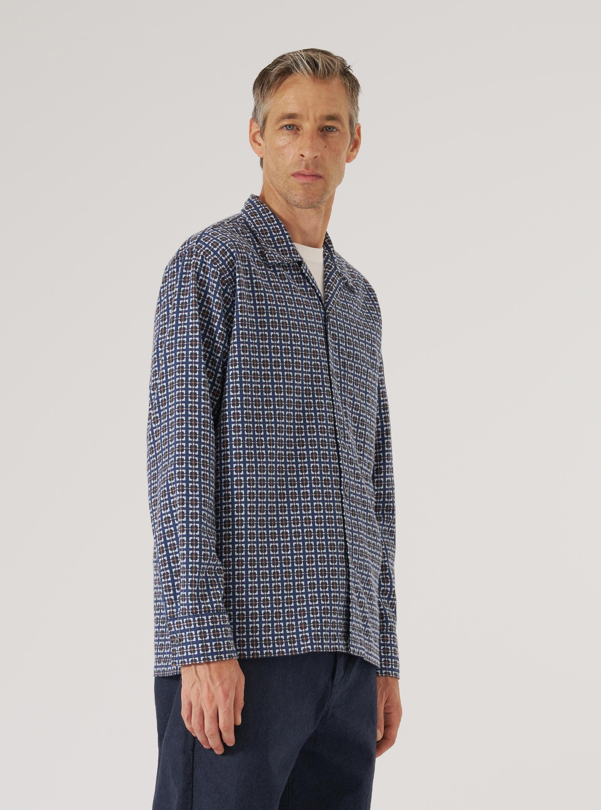 Navy Oscar Cotton L/S Camp Shirt
