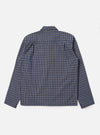 The back of a Navy Oscar Cotton Zip Shirt laid flat on a white surface. The shirt has a navy, brown, and white geometric pattern.