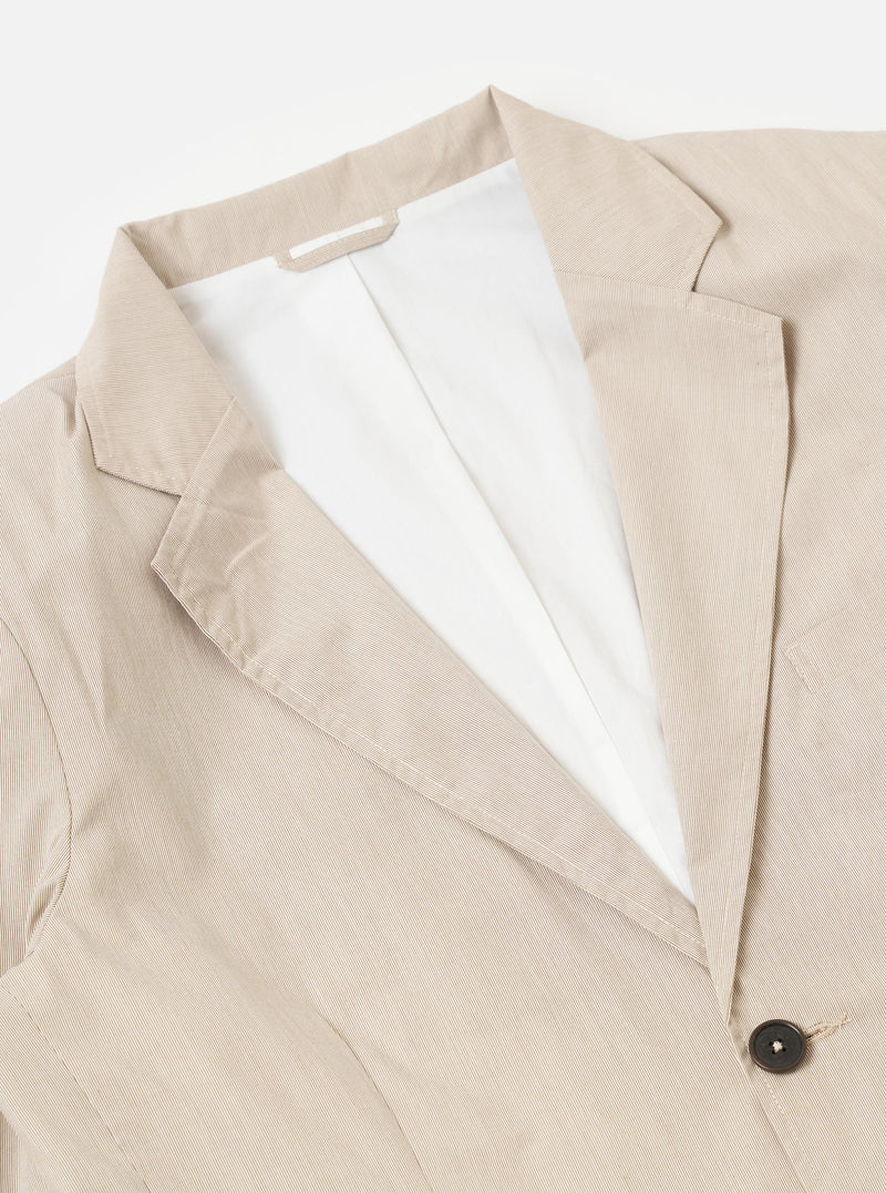 The Brown Kennedy Stripe Boston Blazer is shown from the back as a flat lay against a plain white background. The image highlights the vertical brown and white Kennedy stripe pattern, a central vent at the hem, and the clean construction of the shoulders and sleeves.