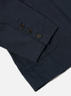 The Navy Twill Manor Jacket is shown in a detail view as a flat lay against a plain white background. The image highlights the six-button double-breasted front and the durable, diagonal weave of the navy cotton twill fabric.