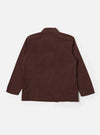 The Brown Peached Poplin Osaka Work Jacket is shown from the back as a flat lay against a plain white background. The image highlights the clean, straight-cut rear panel and the soft, matte texture of the brown peached poplin fabric.