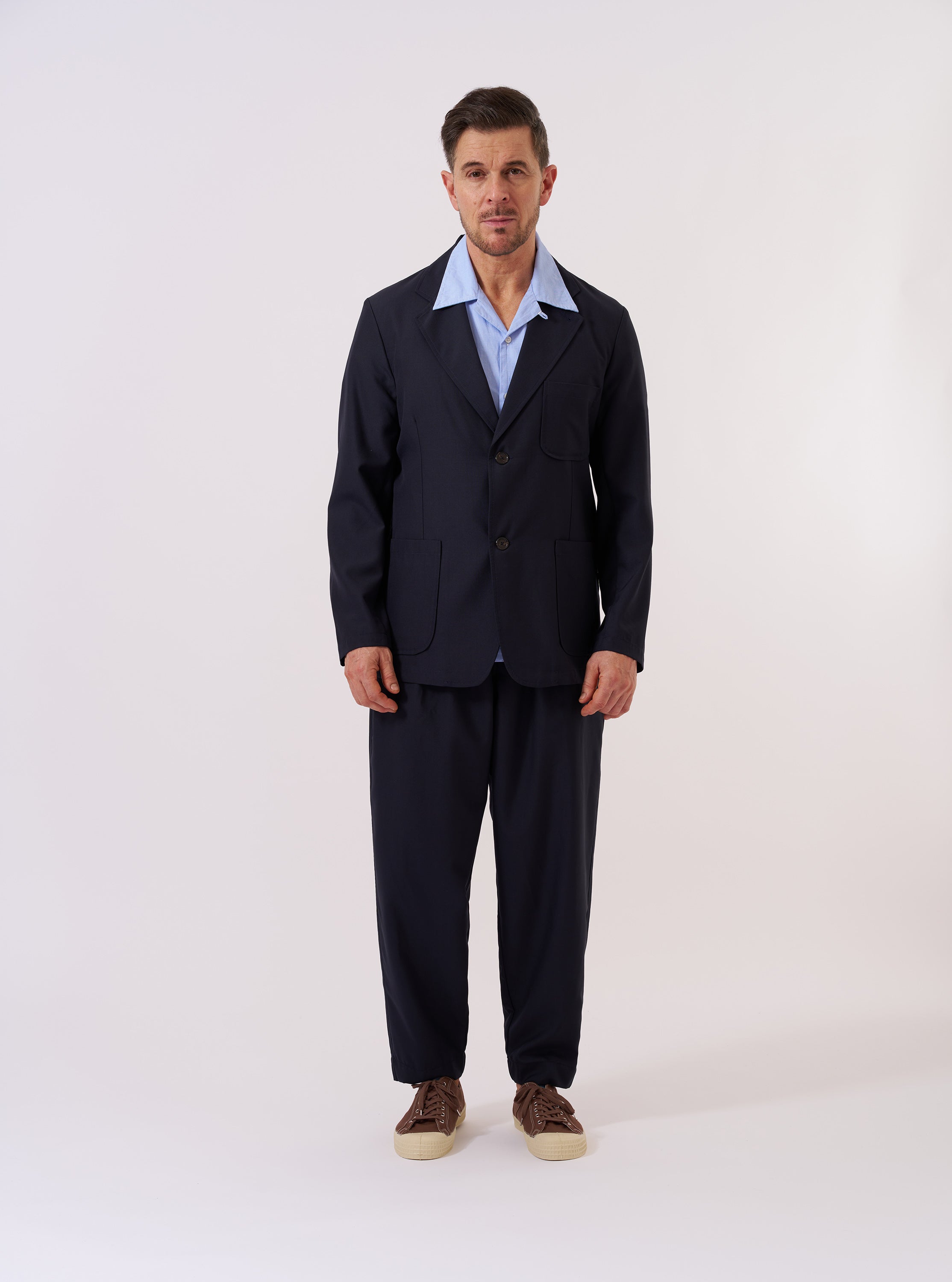 Men's Navy Tropical Suiting Two Button Suit Jacket – Universal Works