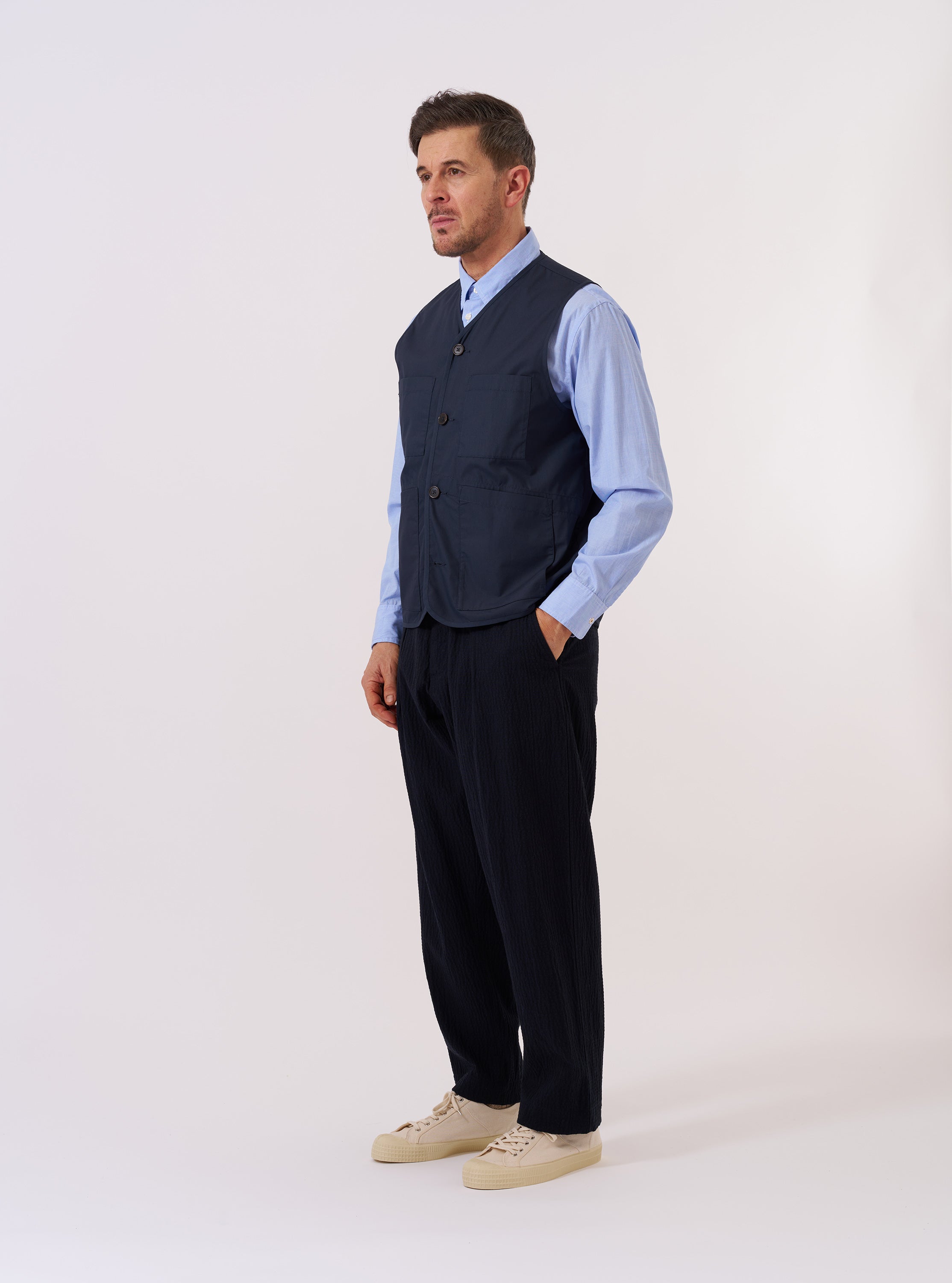 Men's Navy Recycled Poly Tech City Waistcoat – Universal Works