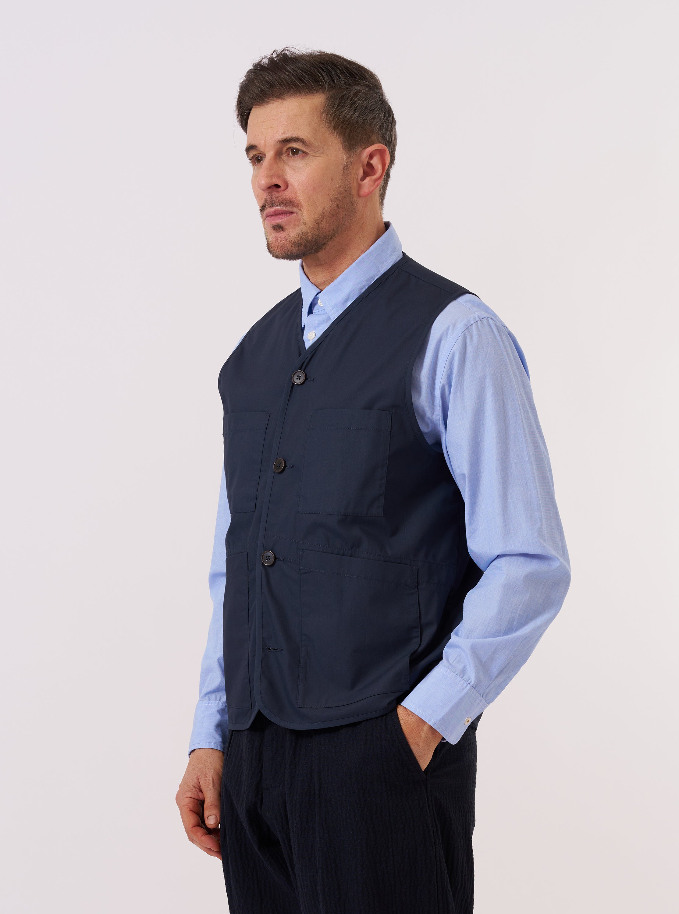 Men's Navy Recycled Poly Tech City Waistcoat – Universal Works