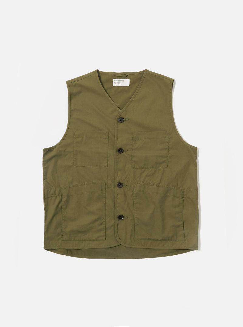 The Olive Recycled Polytech City Waistcoat is displayed as a flat lay against a plain white background. The waistcoat features a clean, minimal design with a central button-down closure and two large patch pockets at the waist. The olive green fabric has a smooth, matte finish.