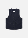 The Dark Navy Ospina Cotton Field Waistcoat is shown as a flat lay against a white background. The waistcoat features four large front patch pockets, a five-button closure, and a structured collar. The fabric has a visible seersucker texture.
