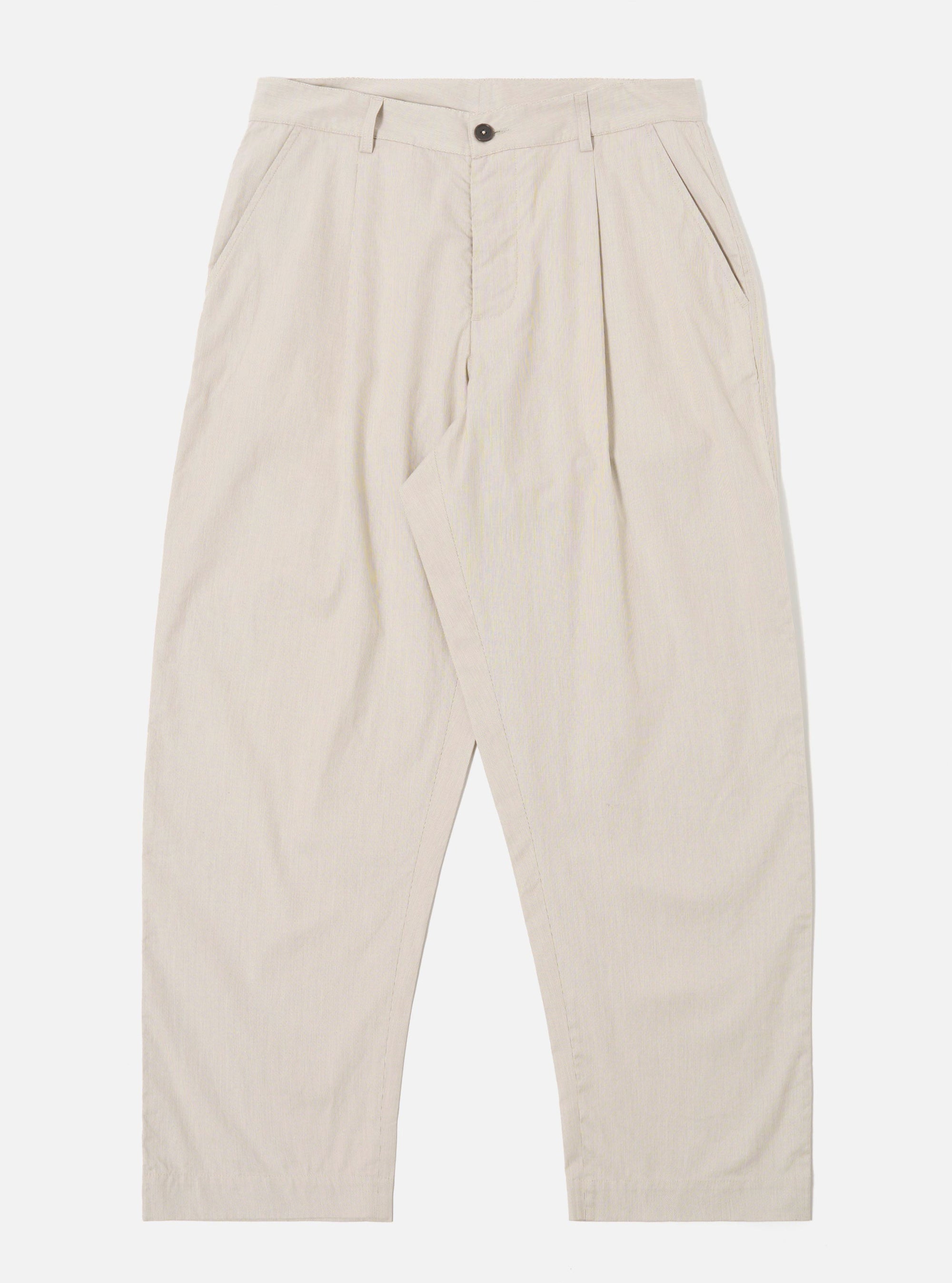 The Brown Kennedy Stripe Duke Pant is shown as a flat lay against a plain white background. These trousers feature a loose, wide-leg fit with a brown and white vertical stripe pattern throughout. The design includes a button waist closure, belt loops, and two large front patch pockets.