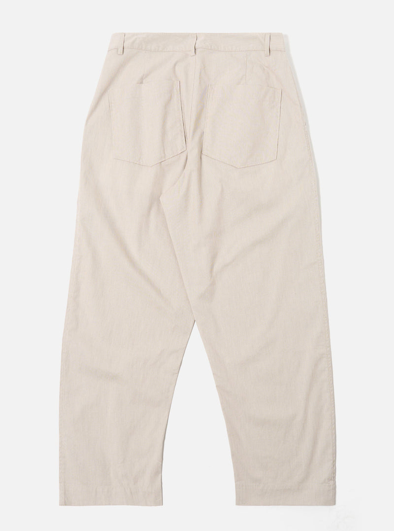 The Brown Kennedy Stripe Duke Pant is shown from the rear in a flat lay against a plain white background. The image highlights the two rear patch pockets, one with a button-down flap, and the elasticated waistband. The fabric features a distinct vertical brown and white stripe pattern.