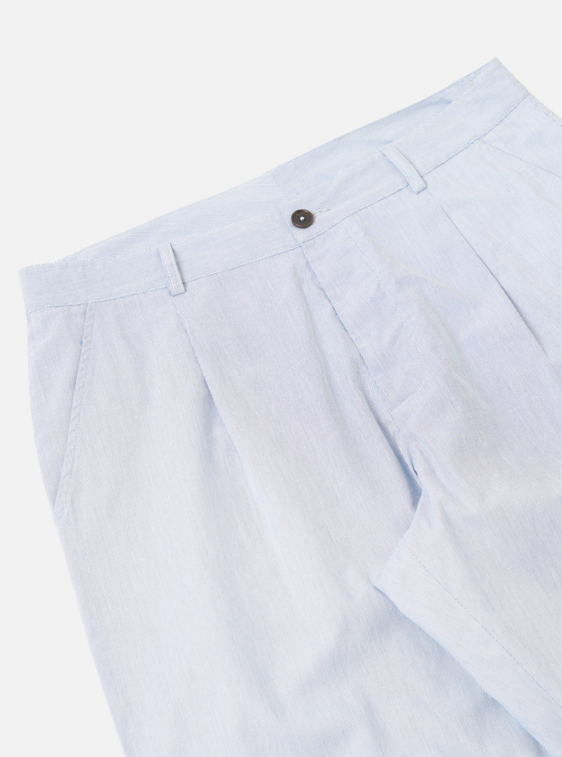 The Navy Kennedy Stripe Duke Pant is shown in a detailed view as a flat lay against a plain white background. The image focuses on the rear of the trousers, highlighting the two back pockets, the fixed waistband, and the vertical pinstripe pattern on the navy cotton fabric.