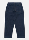 The Indigo Kaihara LT WT Denim Duke Pant is shown from the rear in a flat lay against a plain white background. The image highlights the two large rear patch pockets, the fixed waistband with belt loops, and the loose, straight-cut legs of the trousers. The indigo-dyed denim fabric features visible contrast stitching.